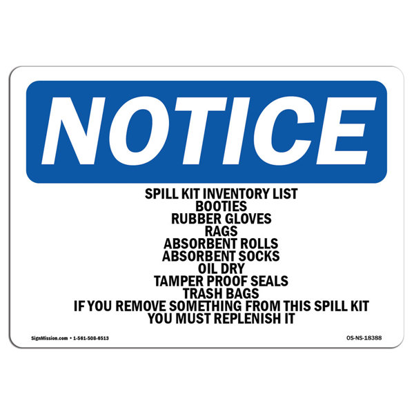 SignMission Spill Kit Inventory List Booties Rubber Sign Wayfair